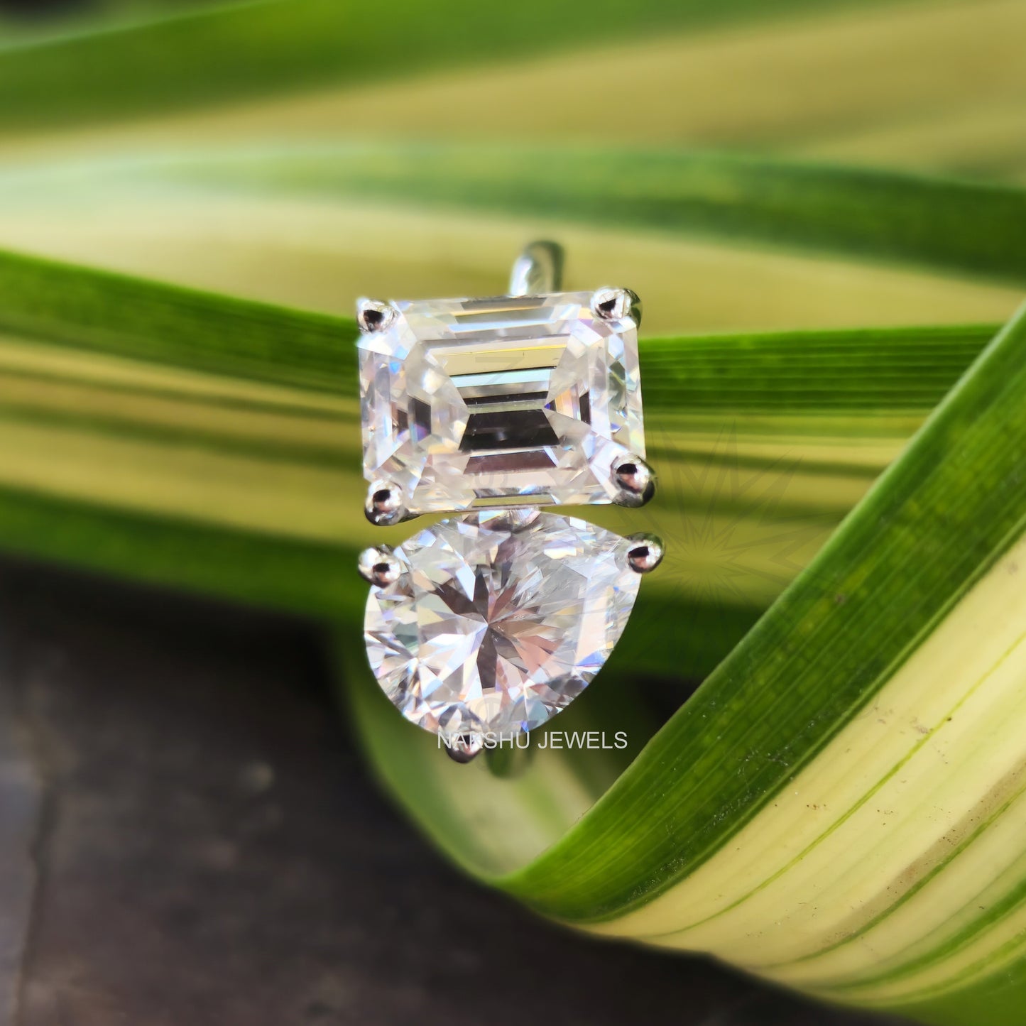 Toi Et Moi Emerald and Pear Cut Two Stone Moissanite Engagement Ring