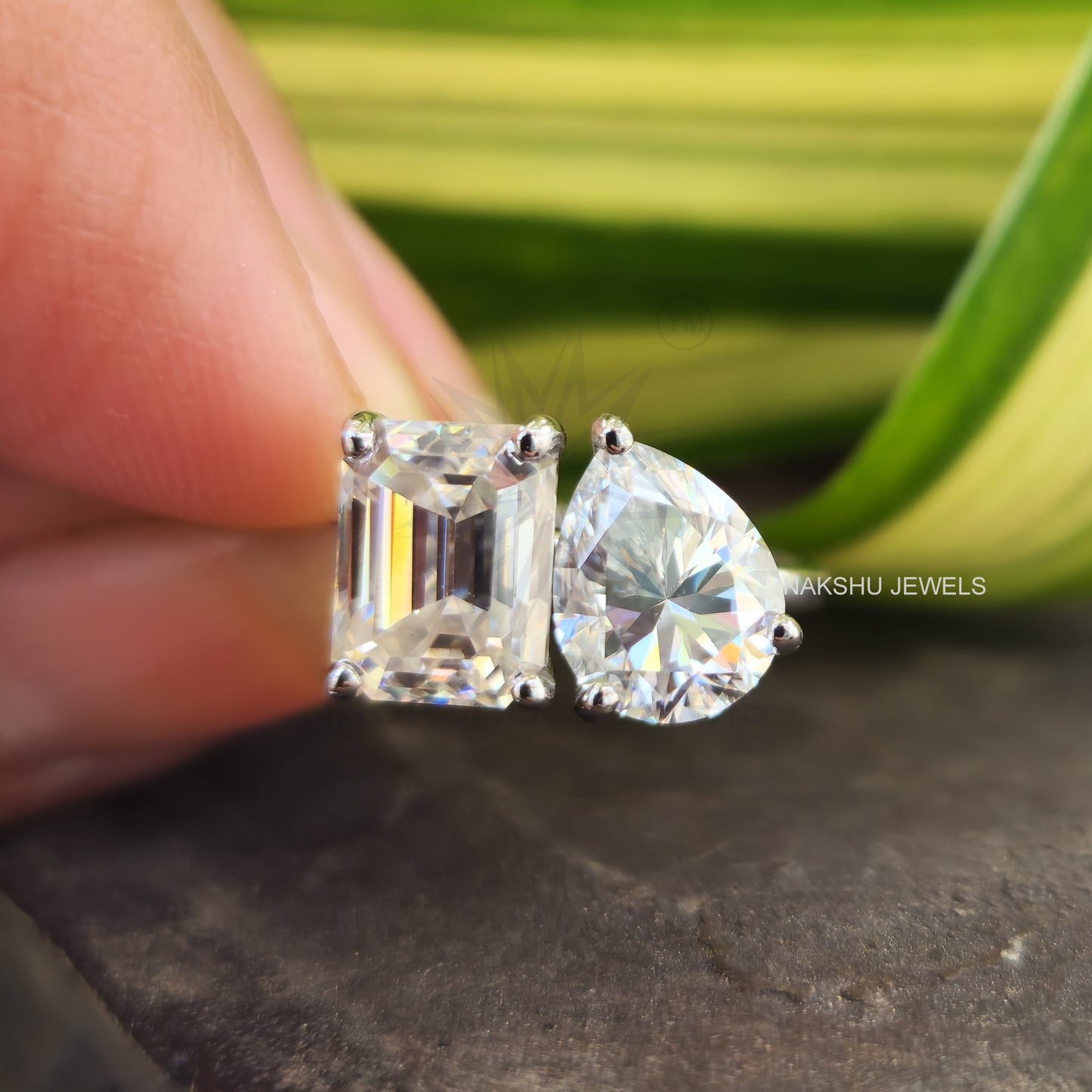 Toi Et Moi Emerald and Pear Cut Two Stone Moissanite Engagement Ring