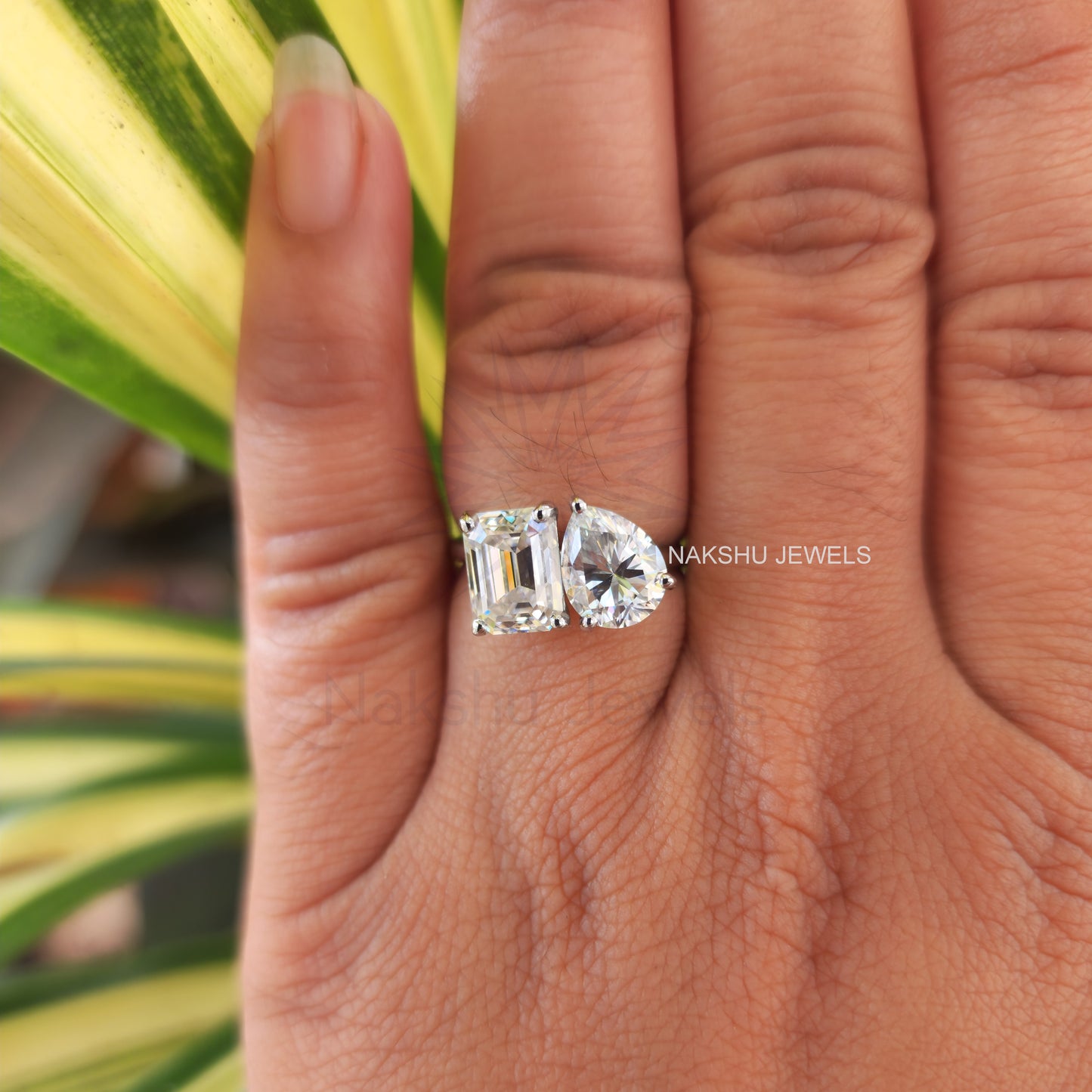 Toi Et Moi Emerald and Pear Cut Two Stone Moissanite Engagement Ring