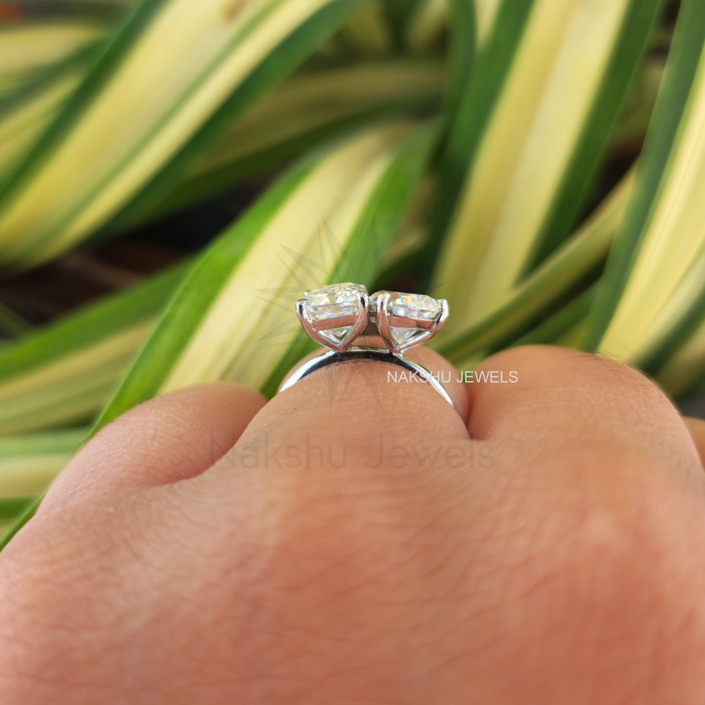 Toi Et Moi Emerald and Pear Cut Two Stone Moissanite Engagement Ring
