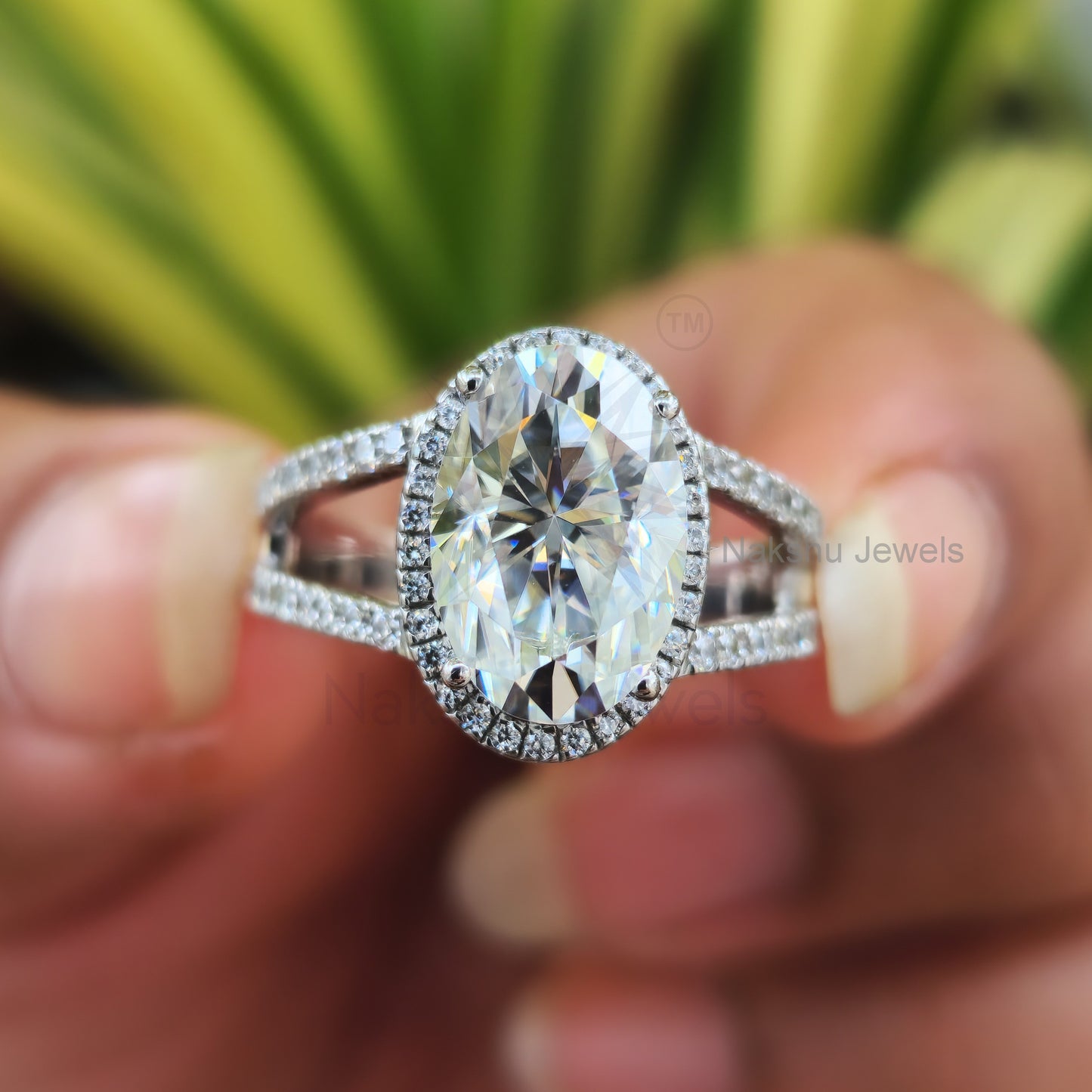Split Shank Oval Cut Moissanite Halo Engagement Ring