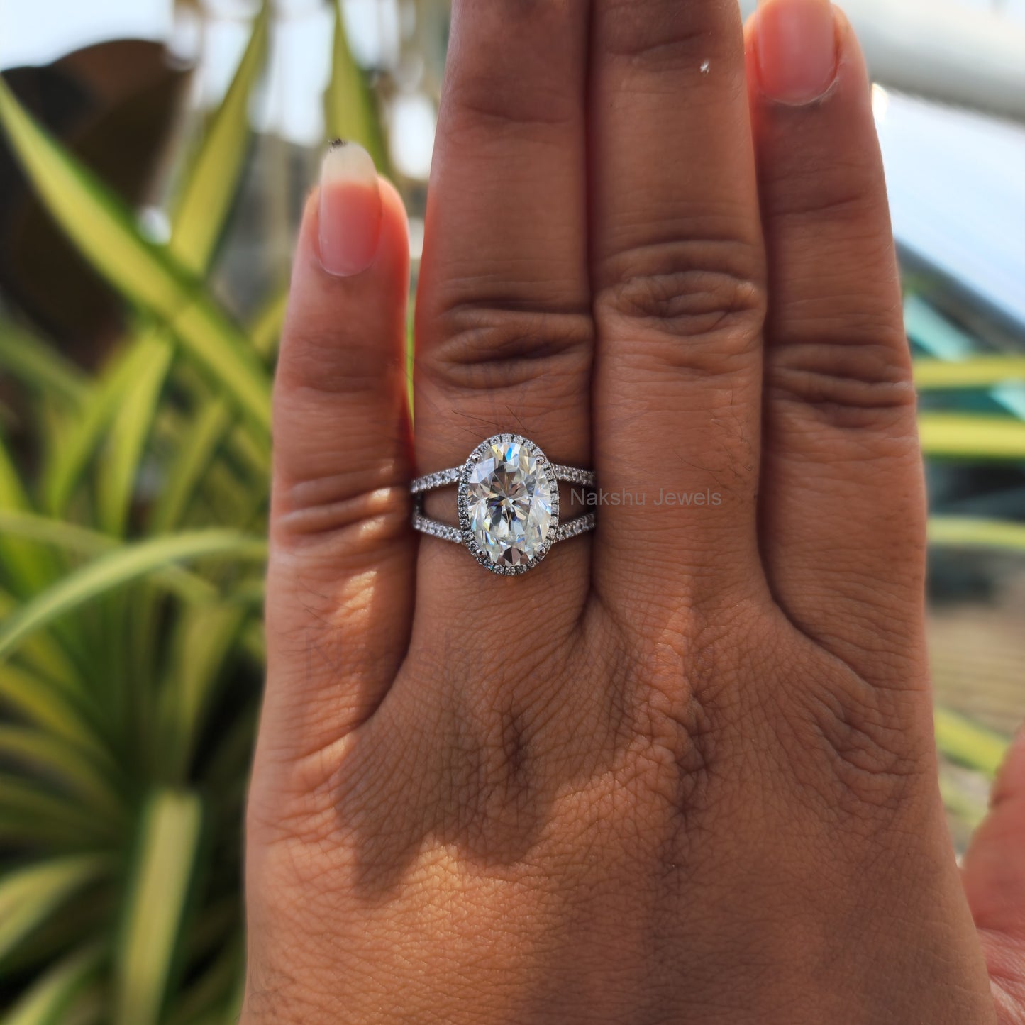 Split Shank Oval Cut Moissanite Halo Engagement Ring