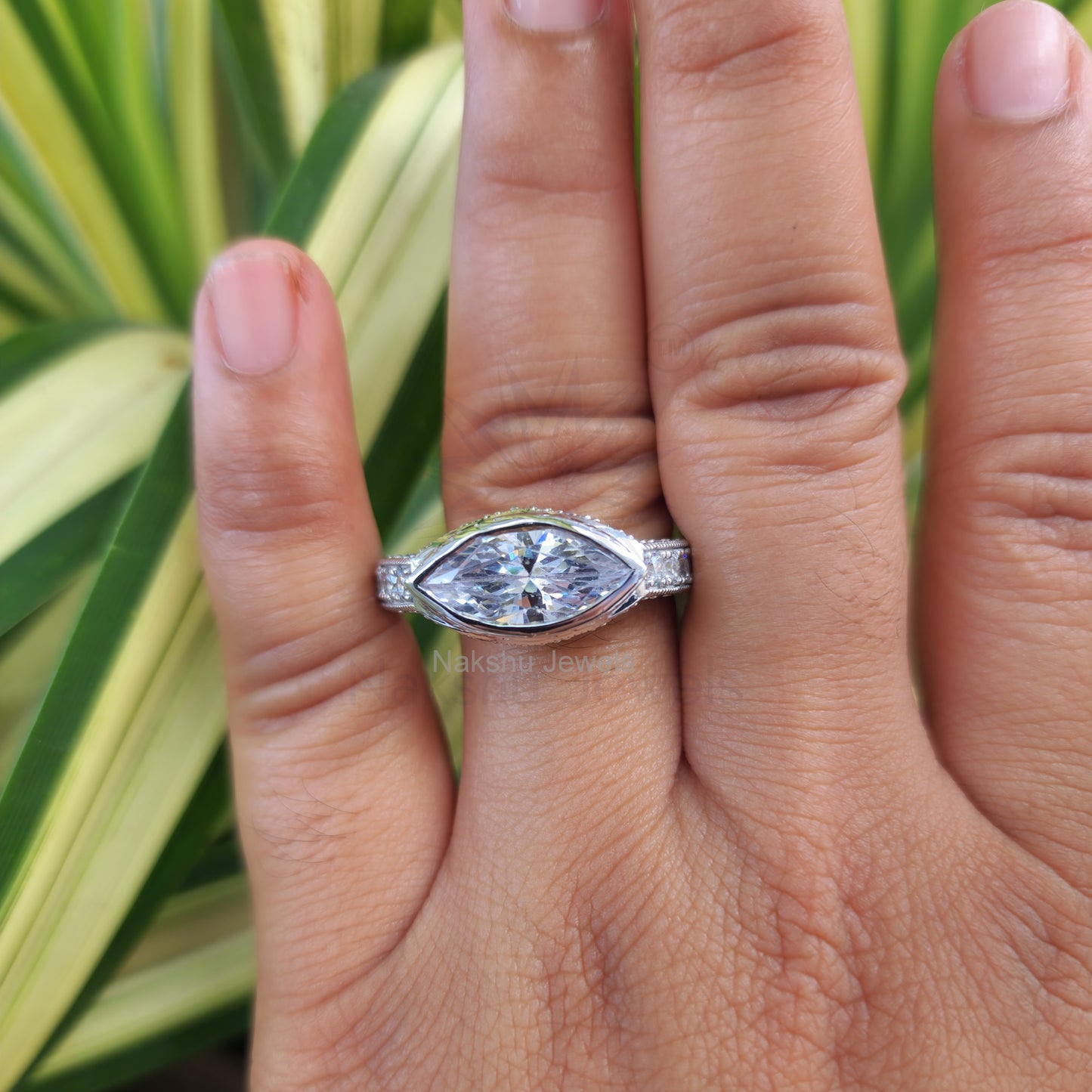 Art Deco Marquise Moissanite Bezel Set Engagement Ring