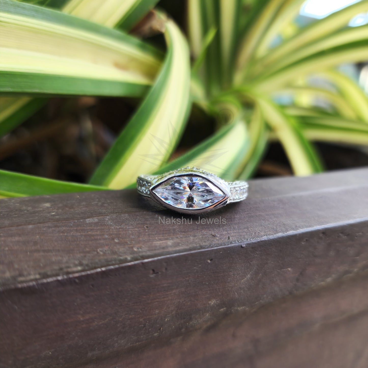 Art Deco Marquise Moissanite Bezel Set Engagement Ring