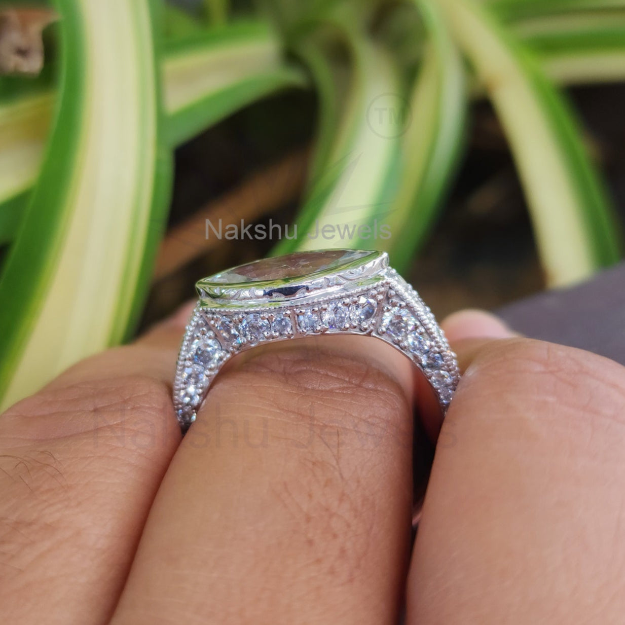 Art Deco Marquise Moissanite Bezel Set Engagement Ring