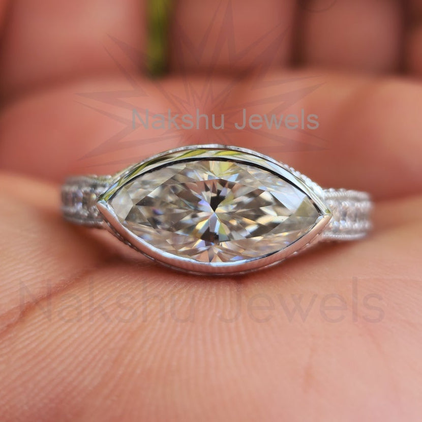 Art Deco Marquise Moissanite Bezel Set Engagement Ring