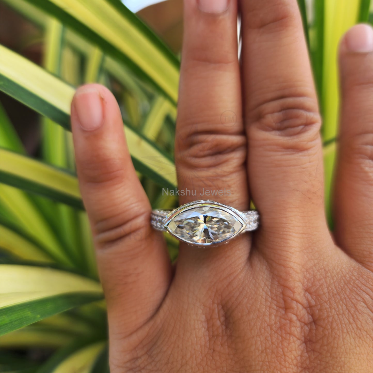 Art Deco Marquise Moissanite Bezel Set Engagement Ring
