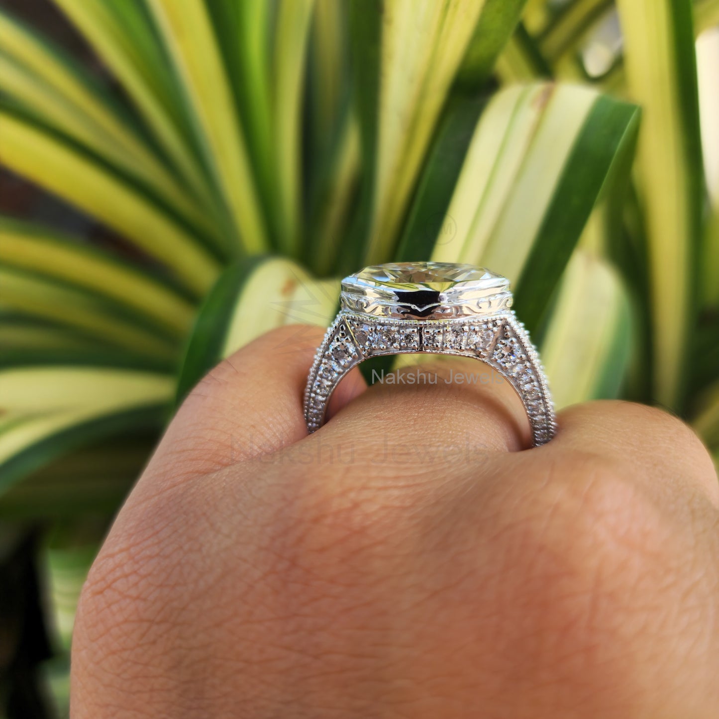 Art Deco Marquise Moissanite Bezel Set Engagement Ring