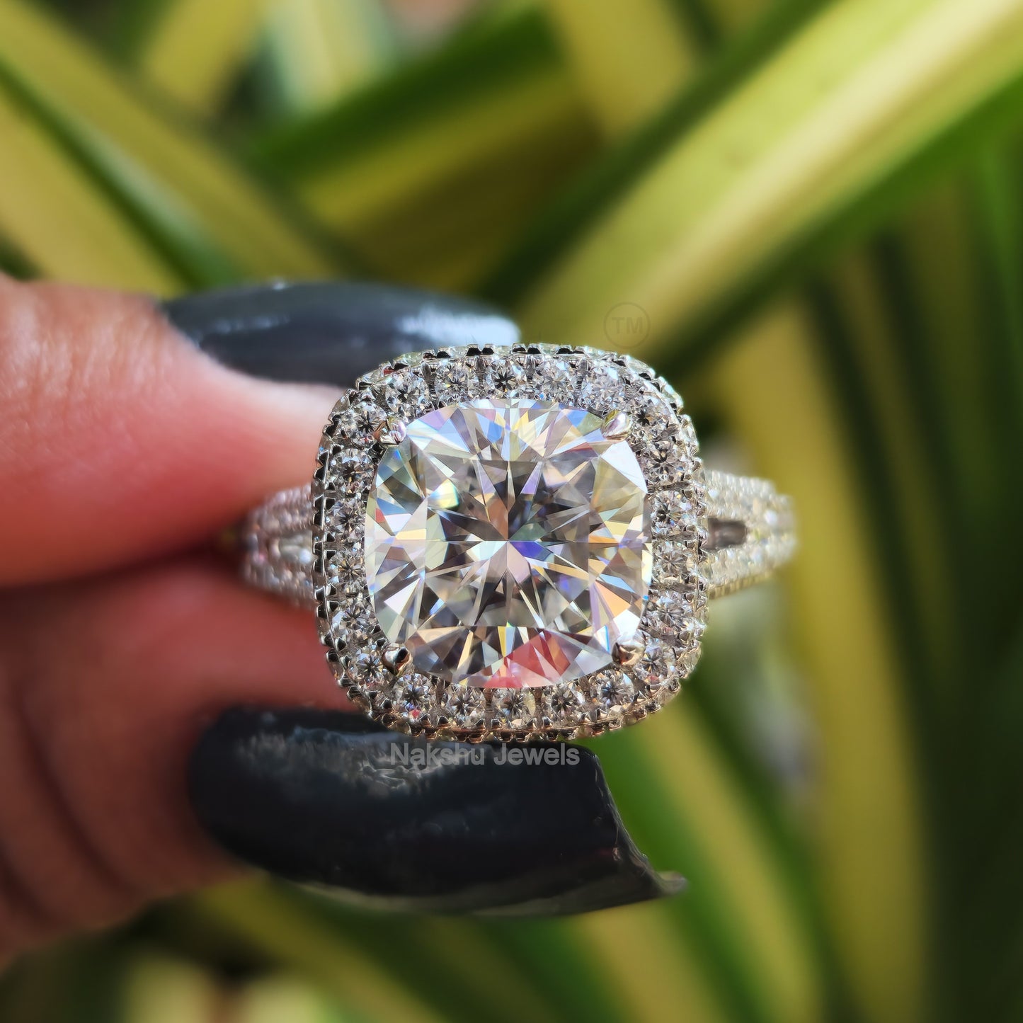 Cushion Moissanite Halo Pave Engagement Ring, Split Shank Ring