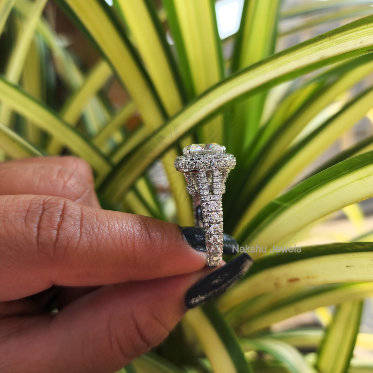 Cushion Moissanite Halo Pave Engagement Ring, Split Shank Ring