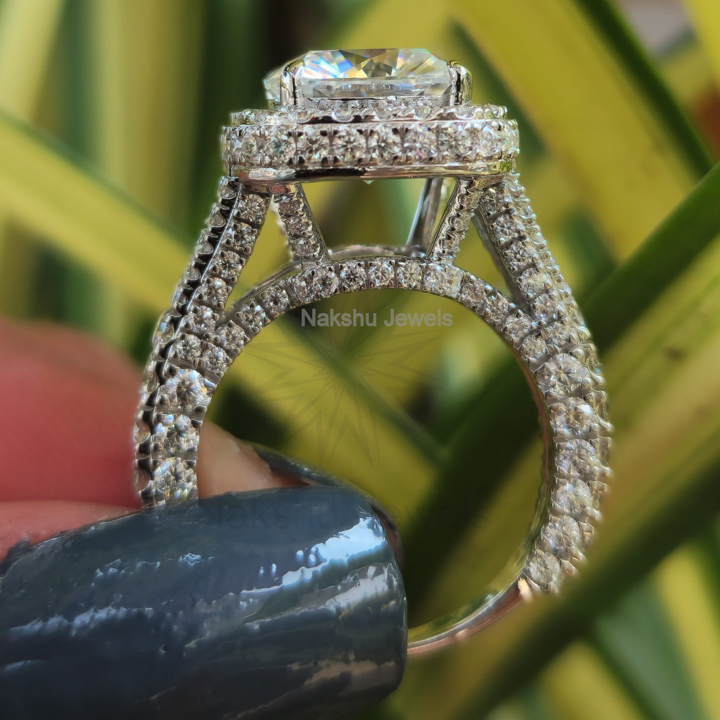Cushion Moissanite Halo Pave Engagement Ring, Split Shank Ring