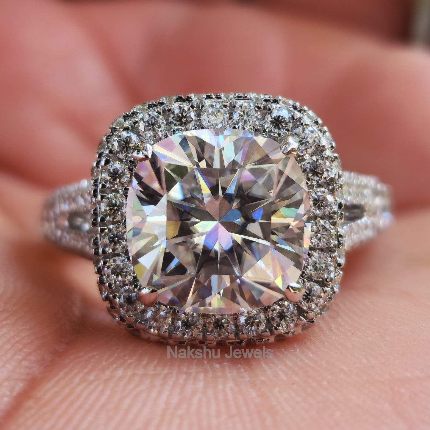 Cushion Moissanite Halo Pave Engagement Ring, Split Shank Ring