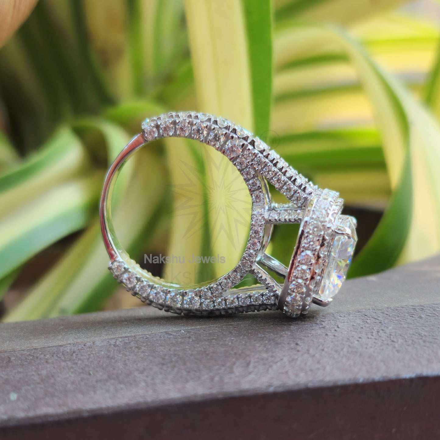 Cushion Moissanite Halo Pave Engagement Ring, Split Shank Ring