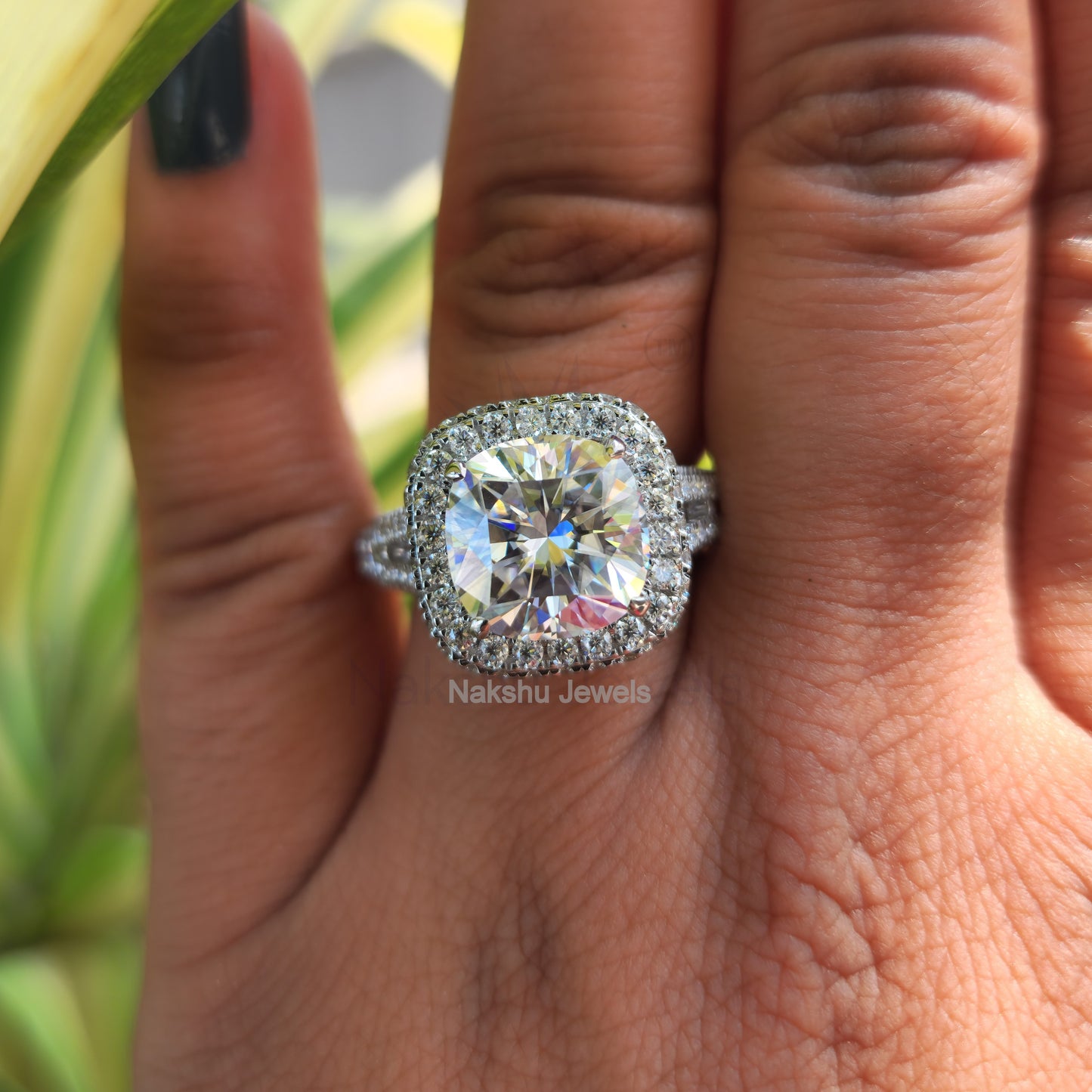 Cushion Moissanite Halo Pave Engagement Ring, Split Shank Ring