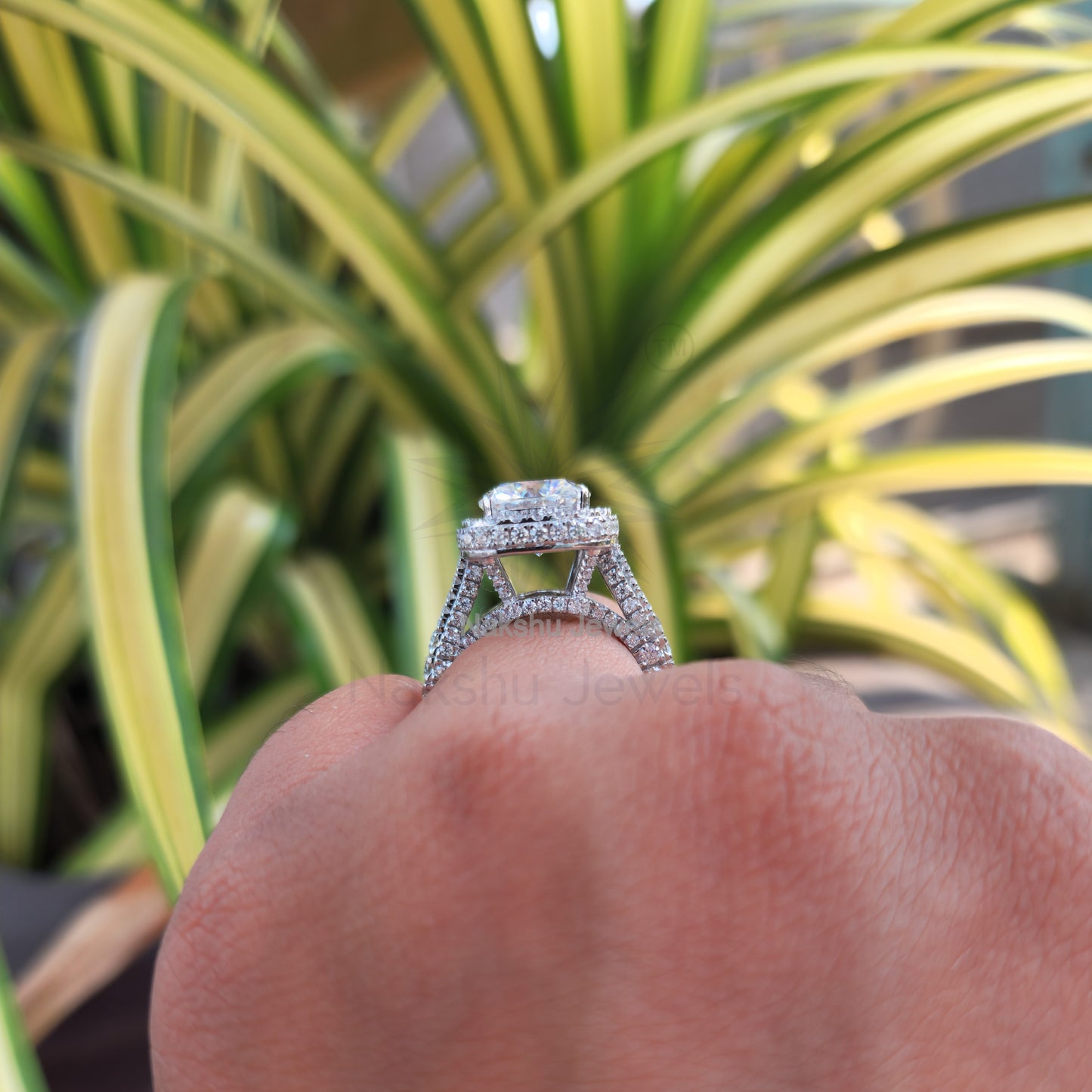 Cushion Moissanite Halo Pave Engagement Ring, Split Shank Ring