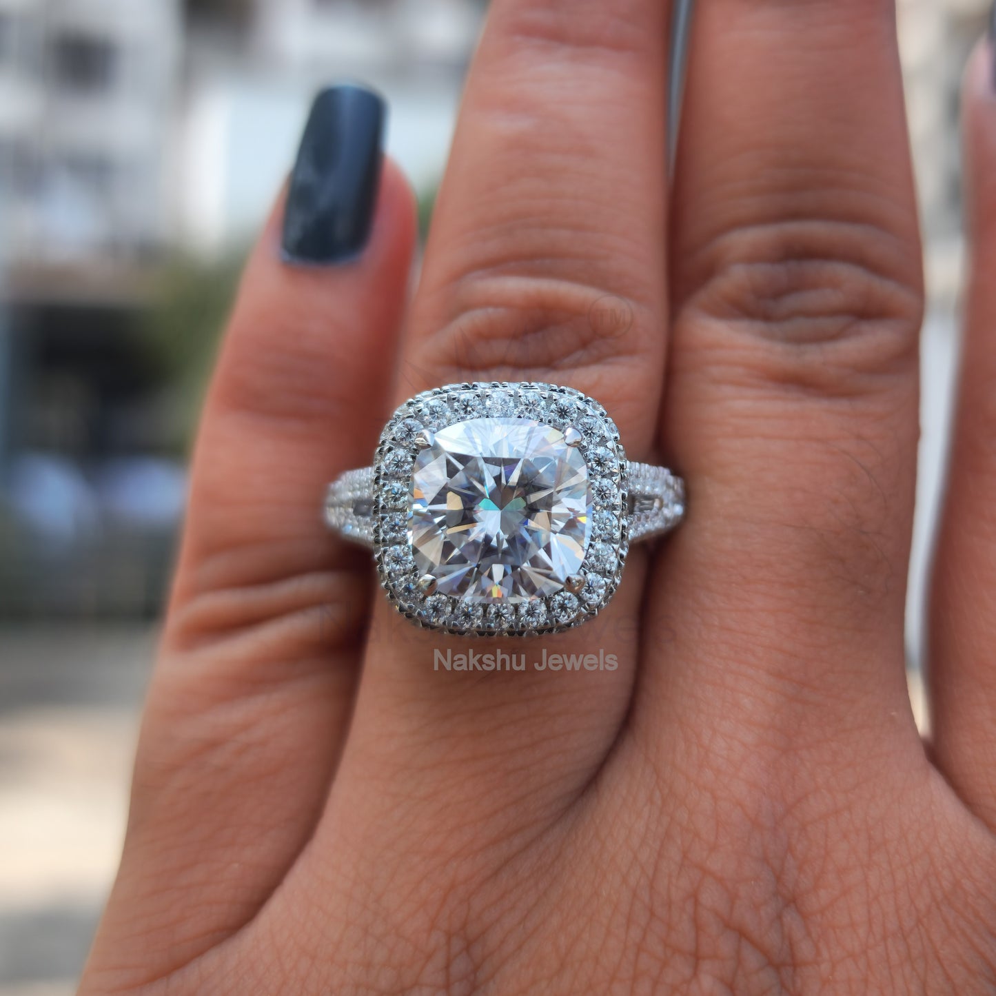 Cushion Moissanite Halo Pave Engagement Ring, Split Shank Ring