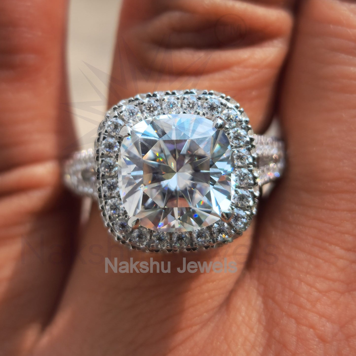 Cushion Moissanite Halo Pave Engagement Ring, Split Shank Ring