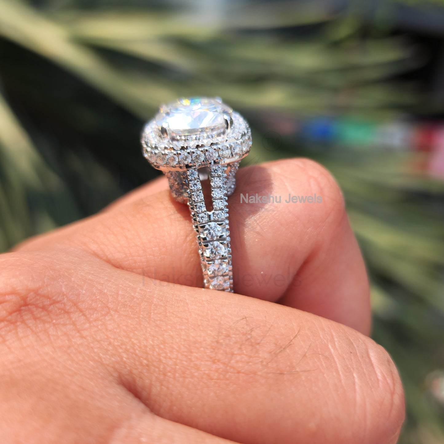Cushion Moissanite Halo Pave Engagement Ring, Split Shank Ring