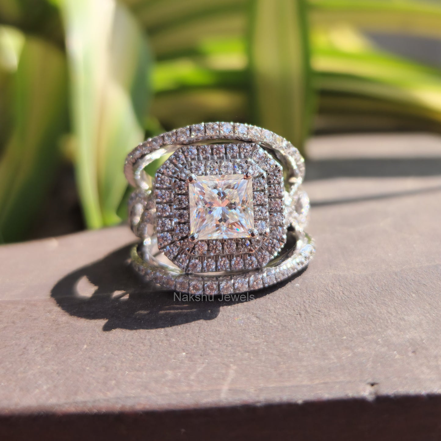 Cushion Cut Colorless Moissanite Trio Wedding Set, Double Halo Engagement Rings