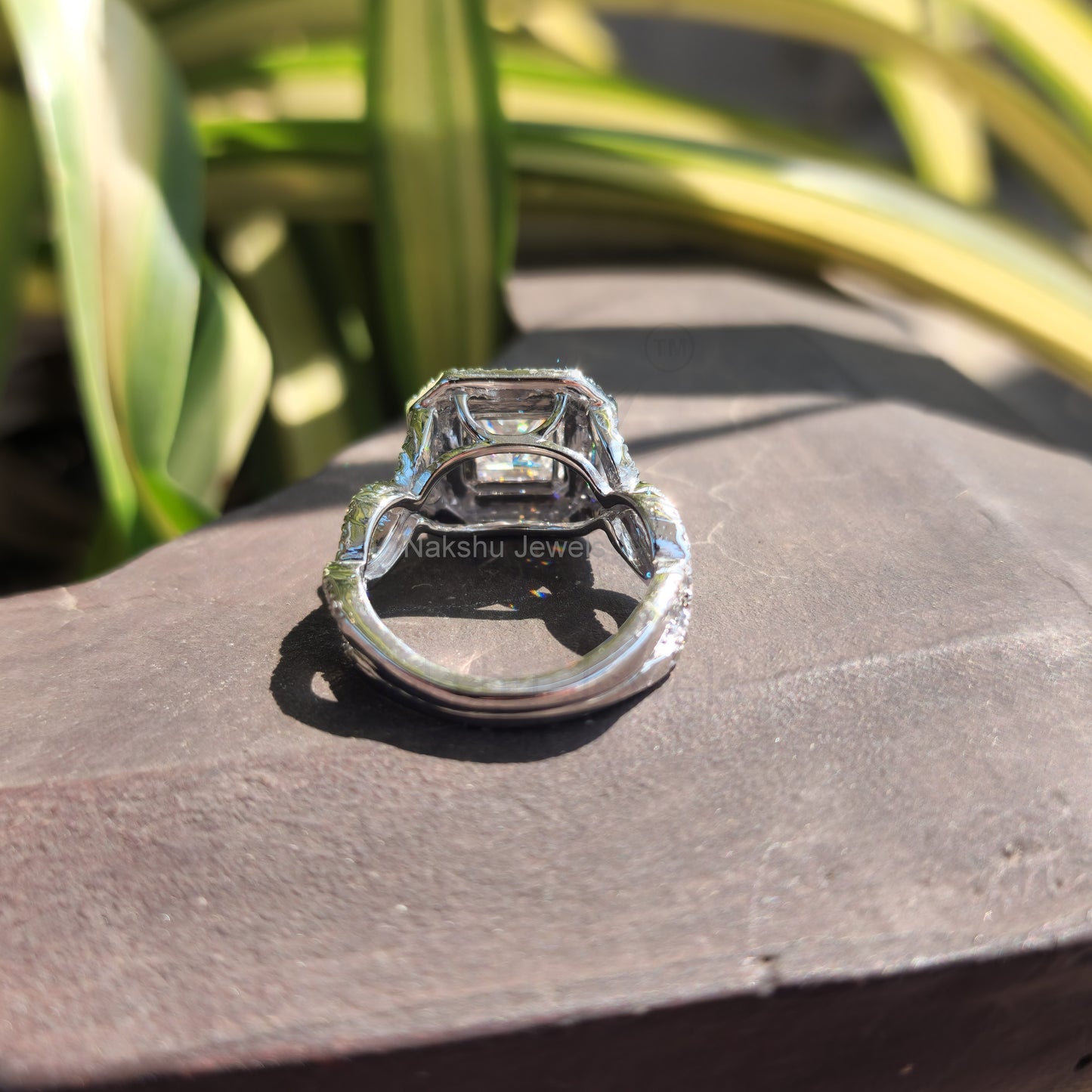 Cushion Cut Colorless Moissanite Trio Wedding Set, Double Halo Engagement Rings
