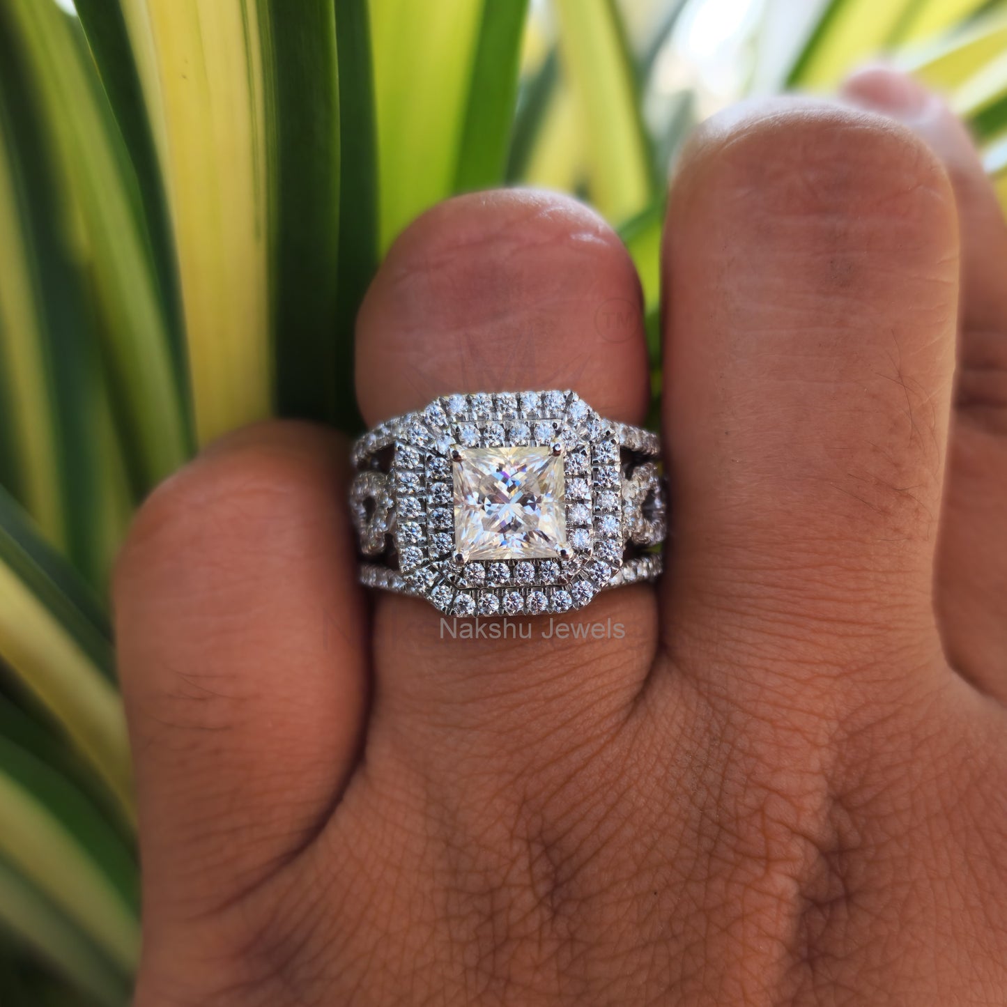 Cushion Cut Colorless Moissanite Trio Wedding Set, Double Halo Engagement Rings