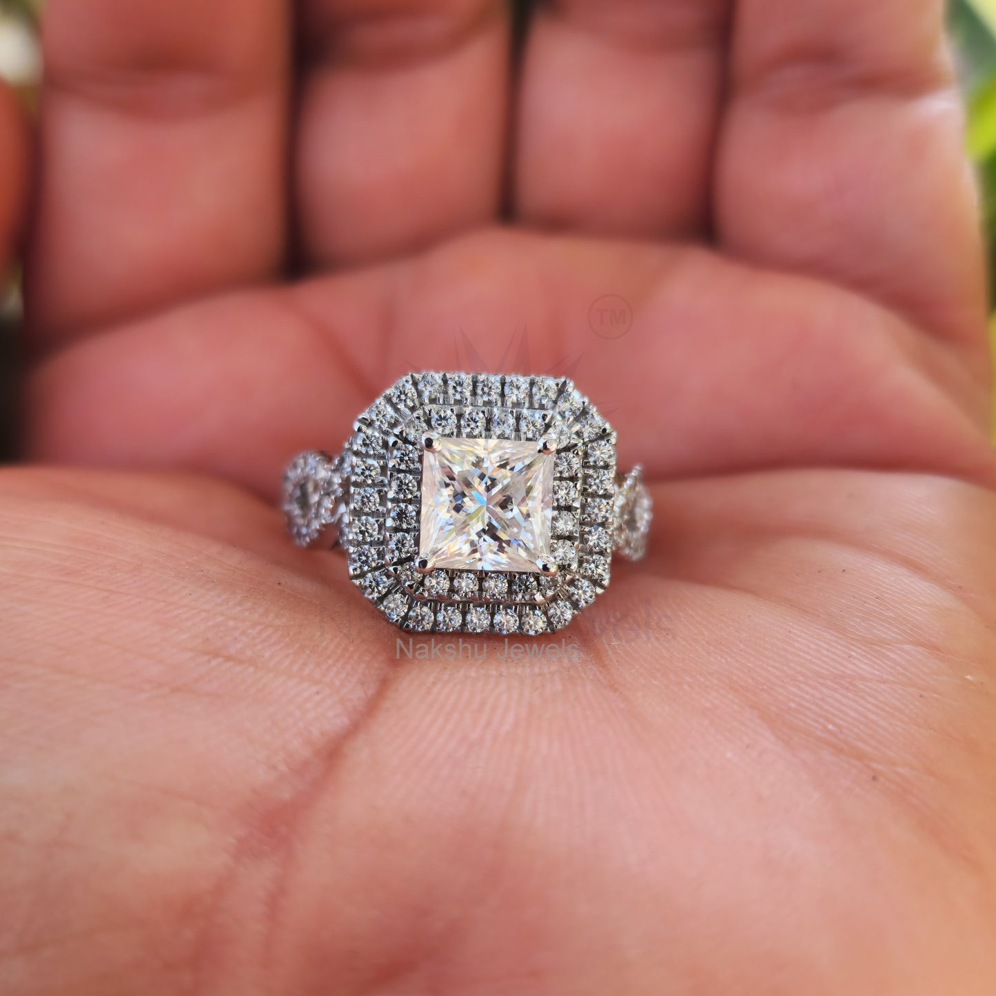 Cushion Cut Colorless Moissanite Trio Wedding Set, Double Halo Engagement Rings