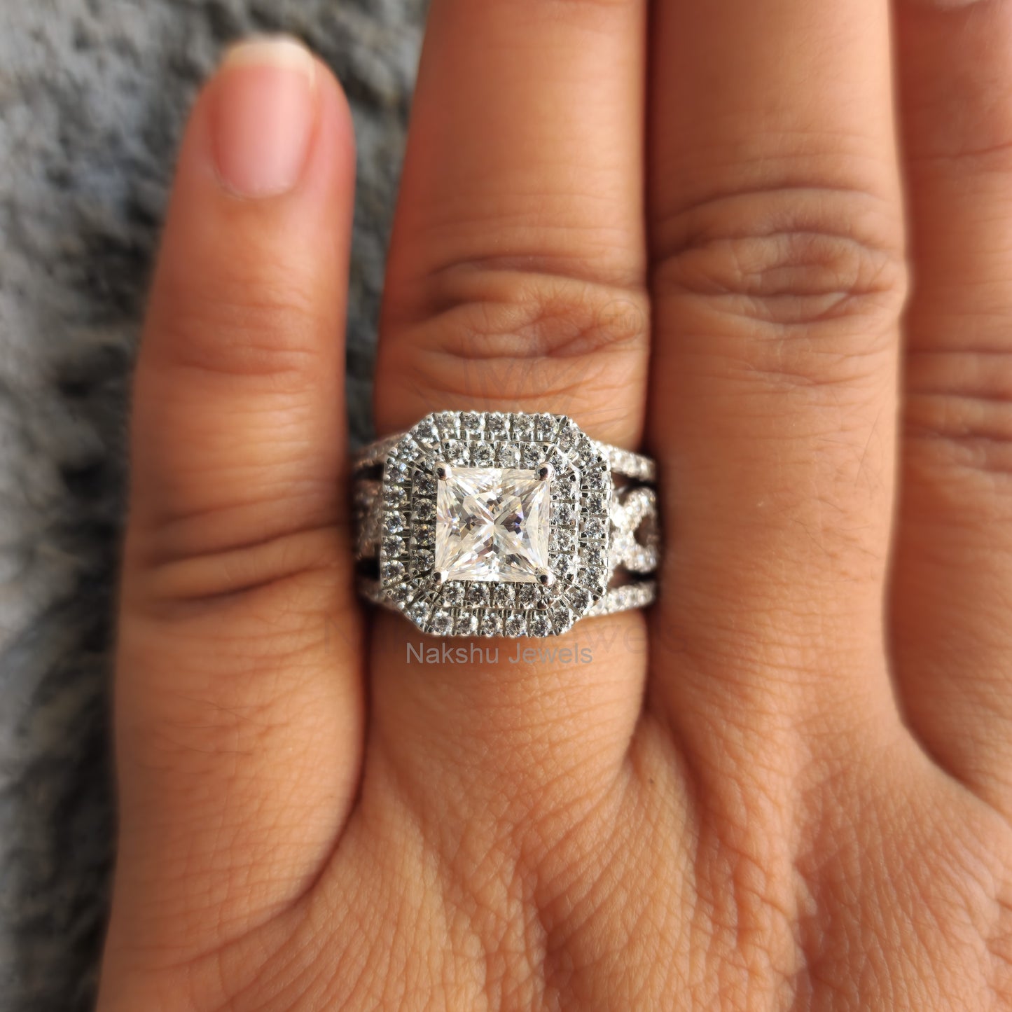 Cushion Cut Colorless Moissanite Trio Wedding Set, Double Halo Engagement Rings