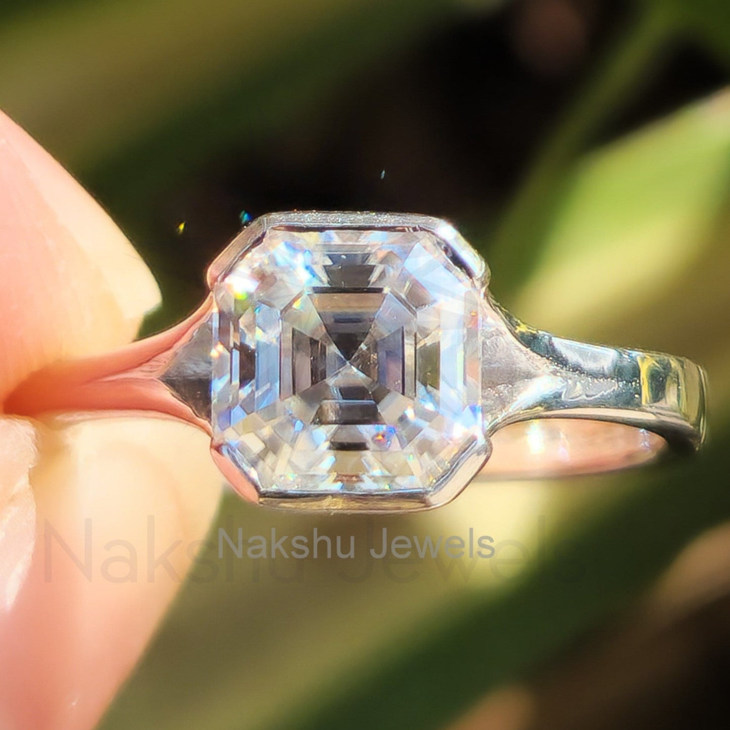 Asscher Cut Solitaire Moissanite Engagement Ring