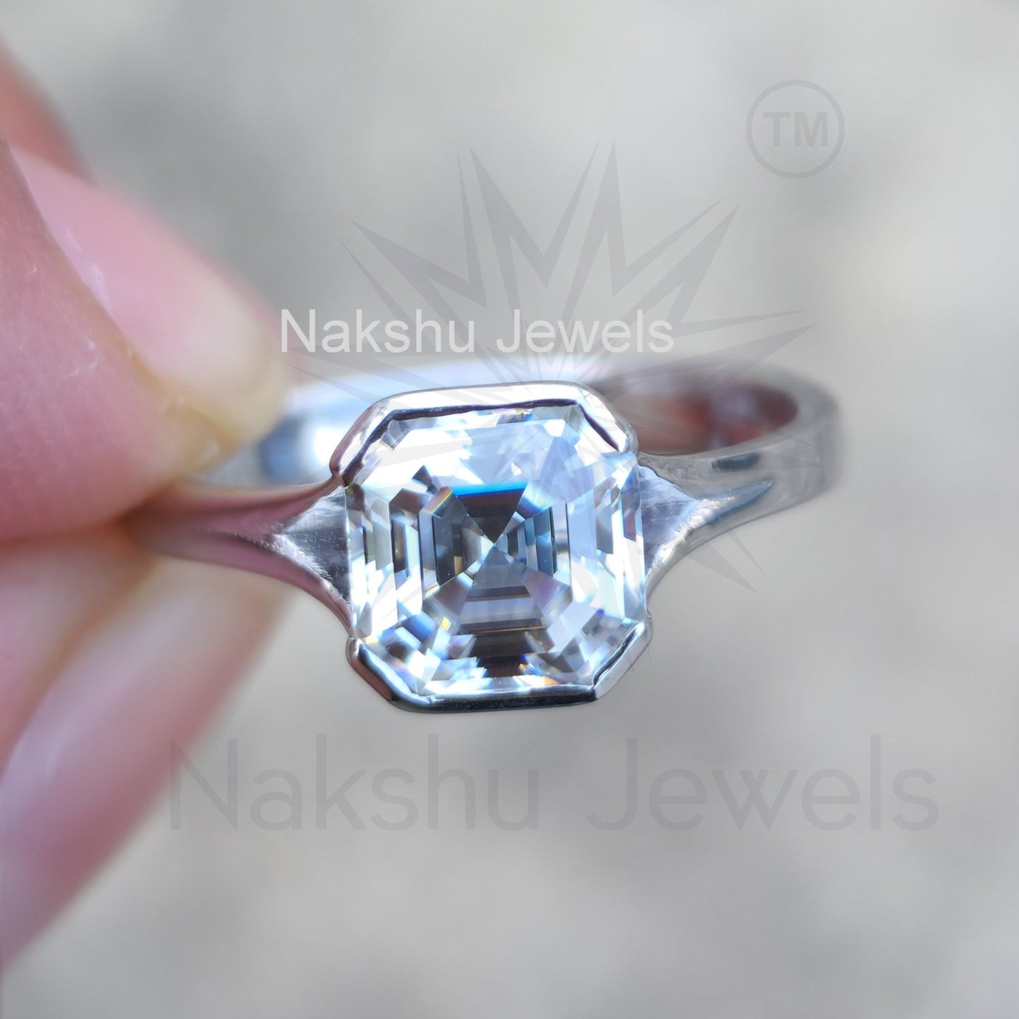 Asscher Cut Solitaire Moissanite Engagement Ring