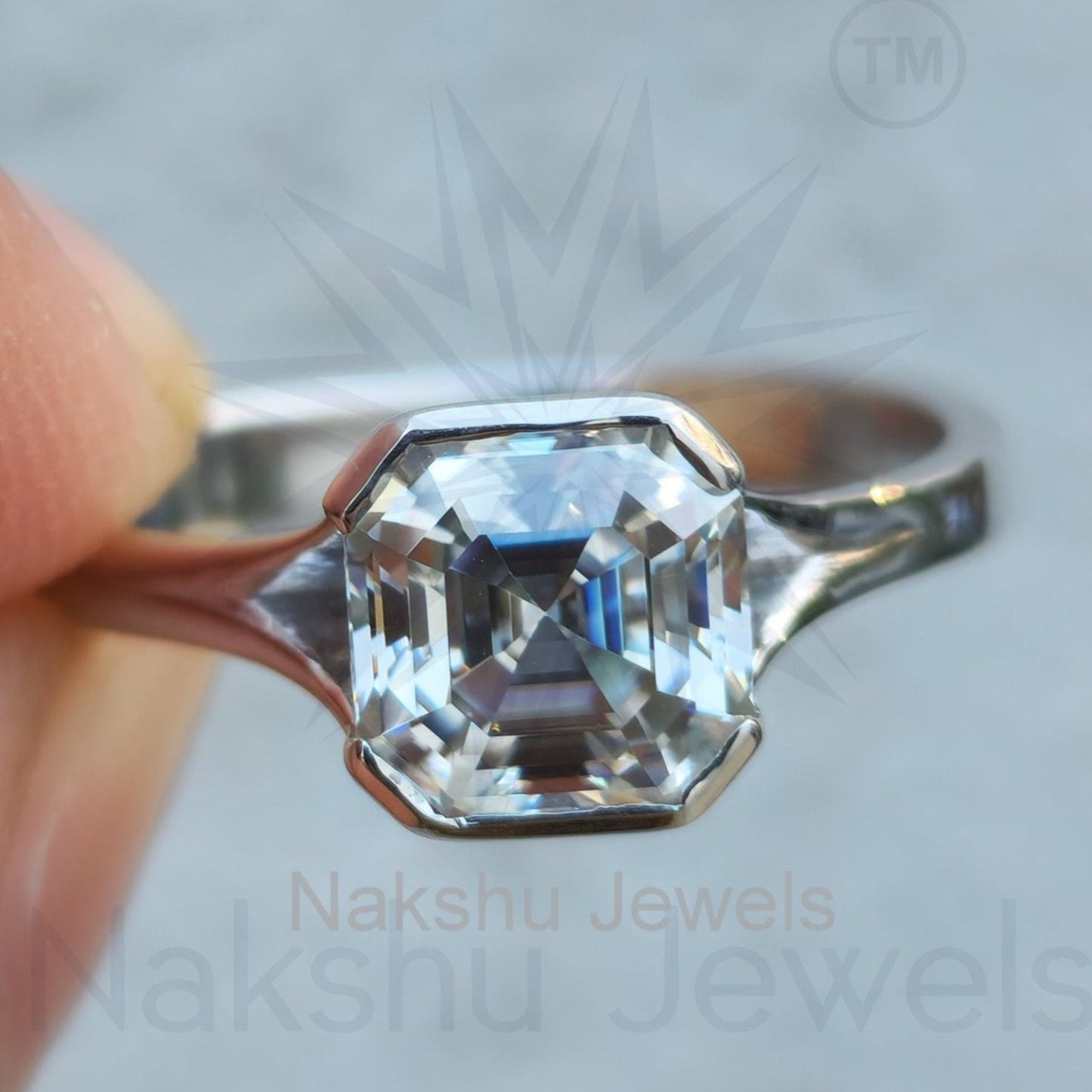 Asscher Cut Solitaire Moissanite Engagement Ring