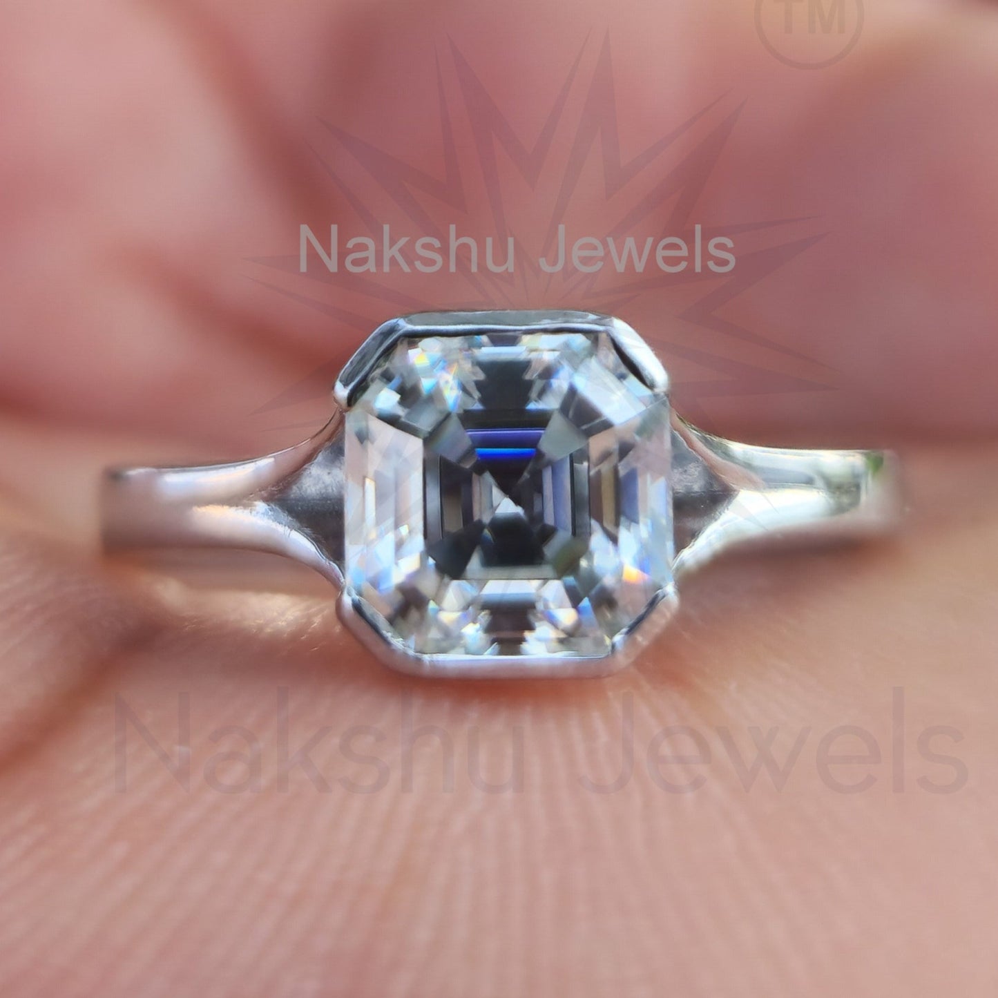 Asscher Cut Solitaire Moissanite Engagement Ring
