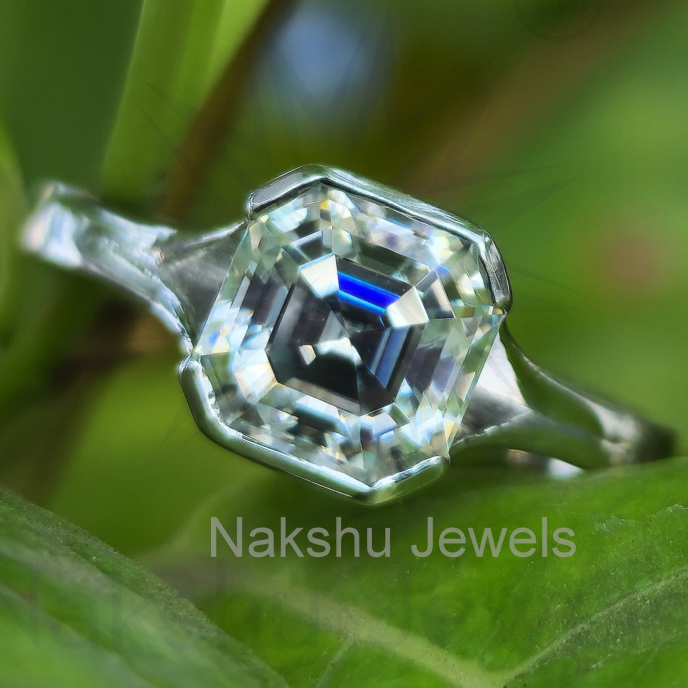 Asscher Cut Solitaire Moissanite Engagement Ring
