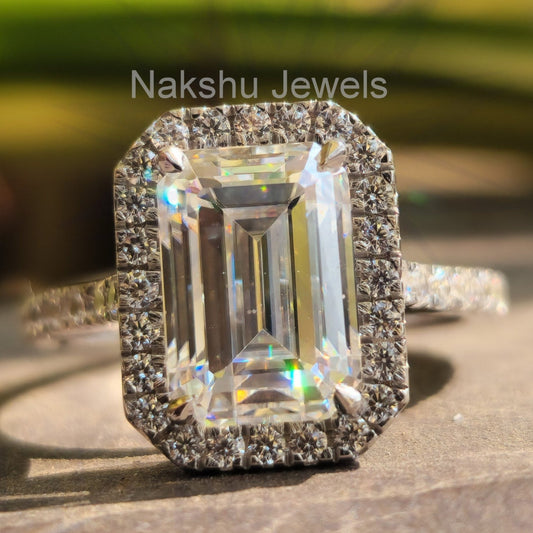 Emerald Cut Moissanite Halo Pave Engagement Ring