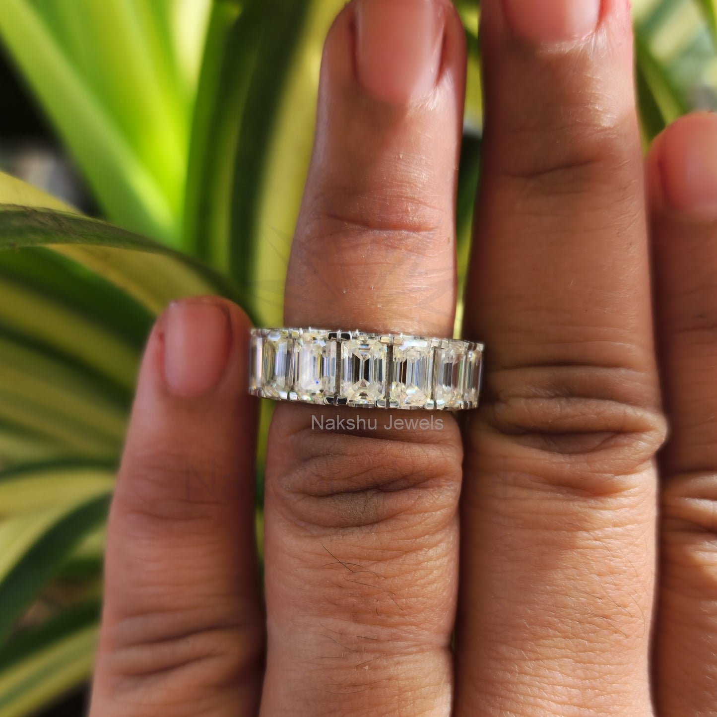 Emerald Cut Moissanite Eternity Wedding Band Ring
