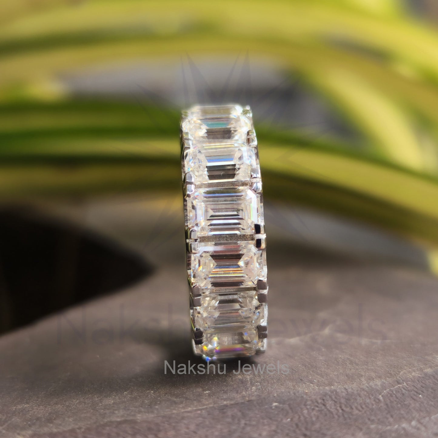 Emerald Cut Moissanite Eternity Wedding Band Ring