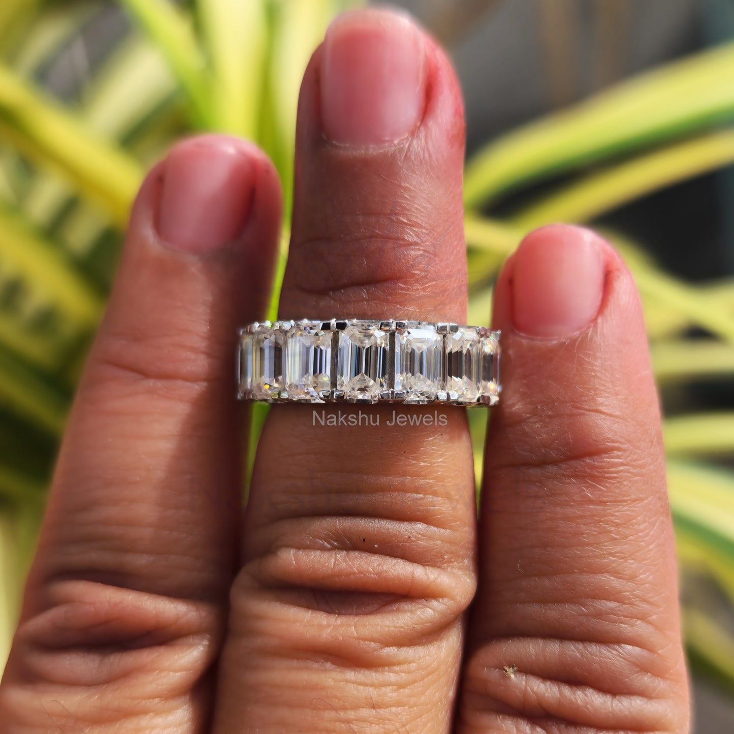 Emerald Cut Moissanite Eternity Wedding Band Ring