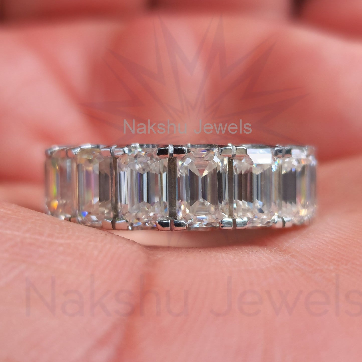 Emerald Cut Moissanite Eternity Wedding Band Ring