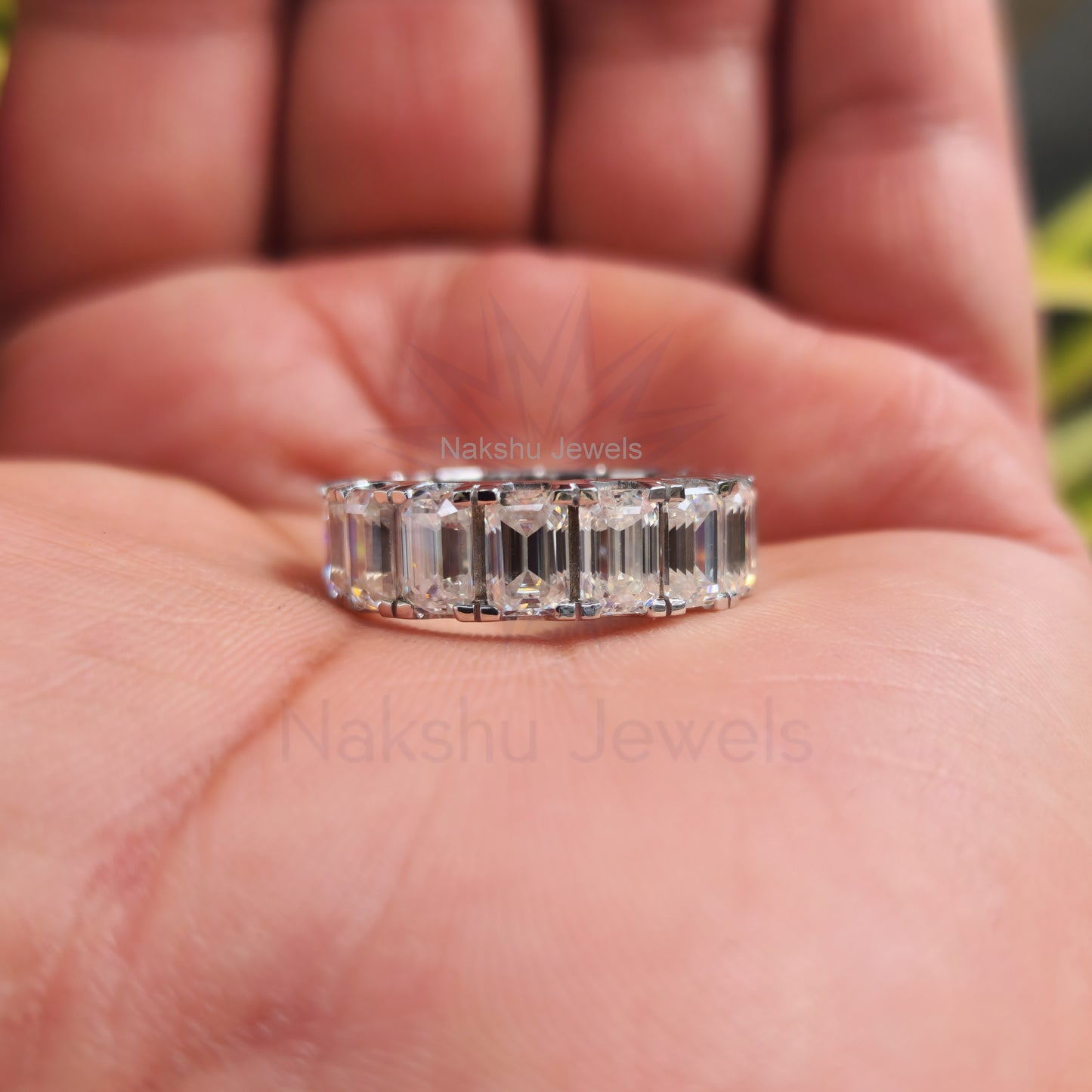 Emerald Cut Moissanite Eternity Wedding Band Ring