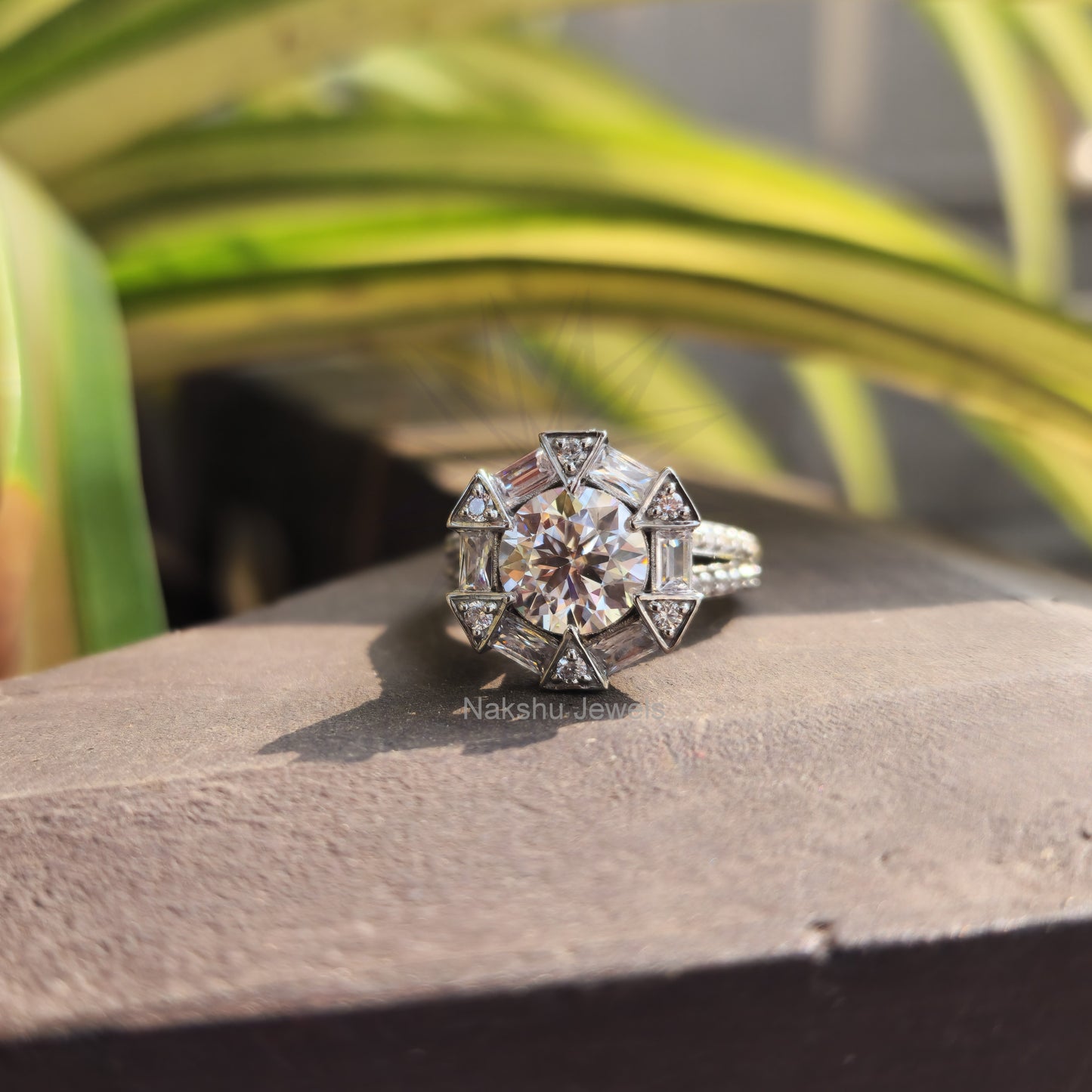 Antique Vintage Round and Baguette Cut Moissanite Halo Engagement Ring