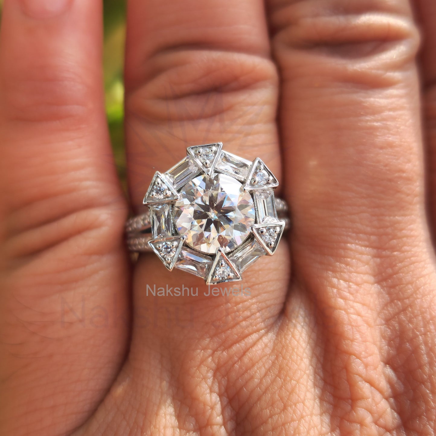 Antique Vintage Round and Baguette Cut Moissanite Halo Engagement Ring