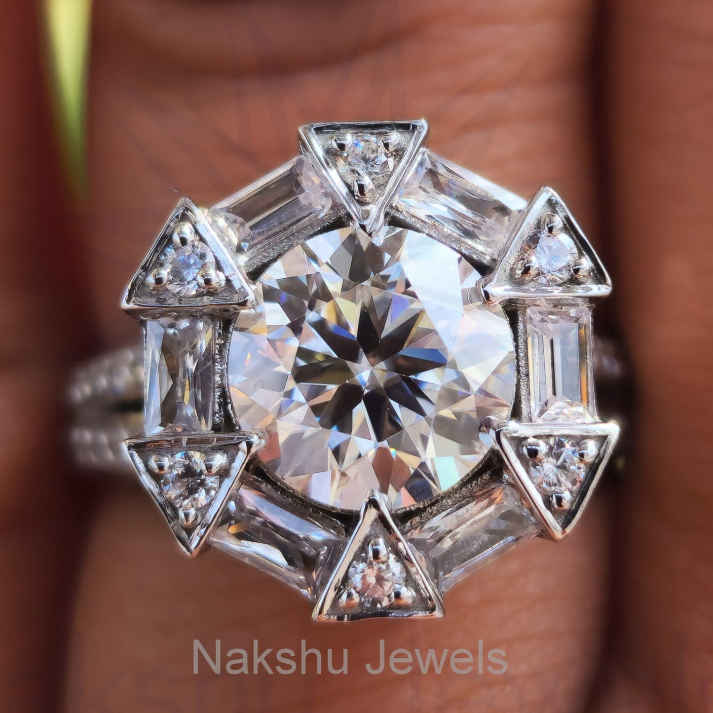 Antique Vintage Round and Baguette Cut Moissanite Halo Engagement Ring