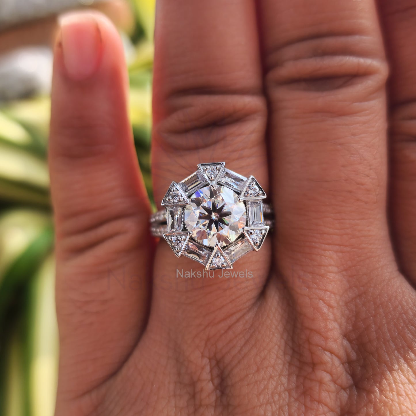 Antique Vintage Round and Baguette Cut Moissanite Halo Engagement Ring