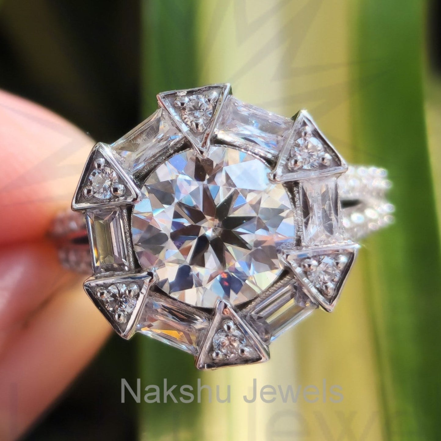 Antique Vintage Round and Baguette Cut Moissanite Halo Engagement Ring