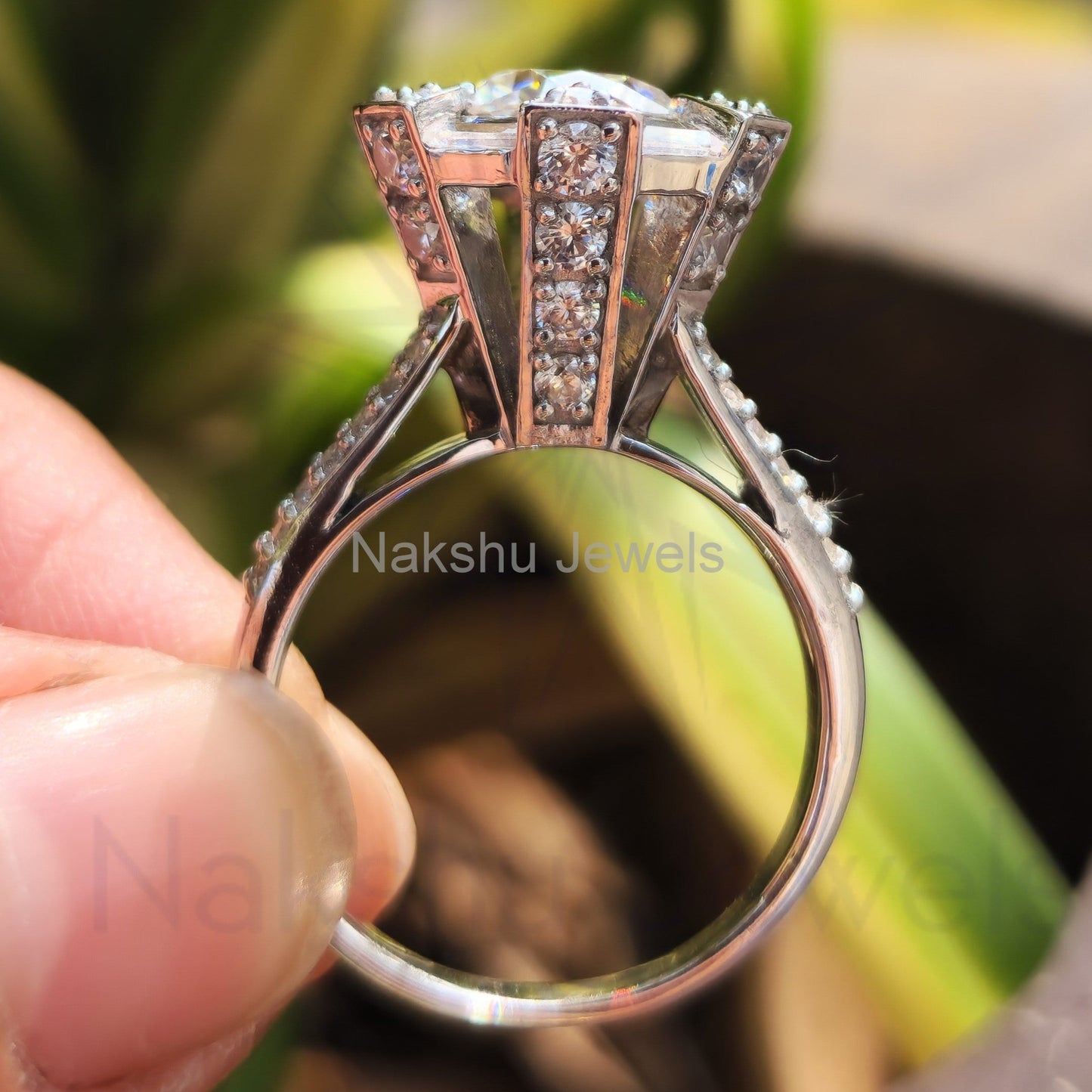 Antique Vintage Round and Baguette Cut Moissanite Halo Engagement Ring