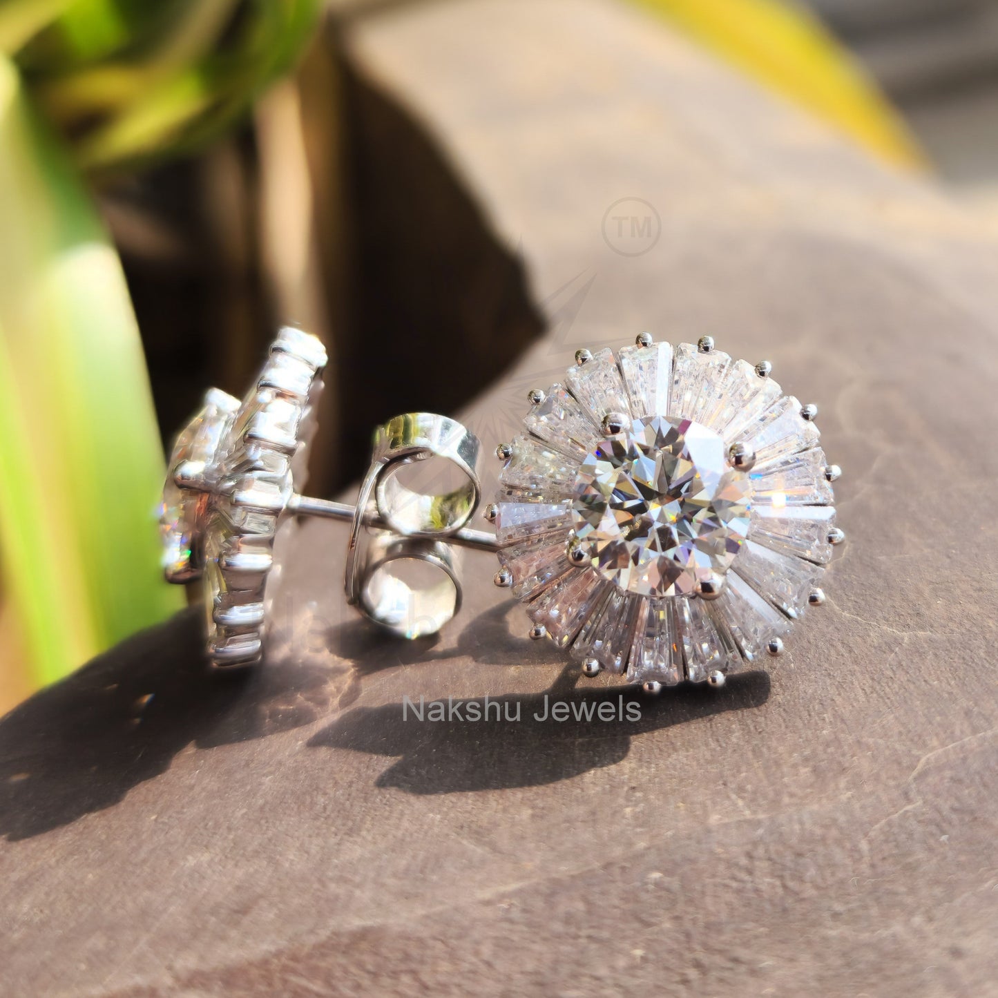 Round Moissanite Tapered Baguette Halo Stud Earrings