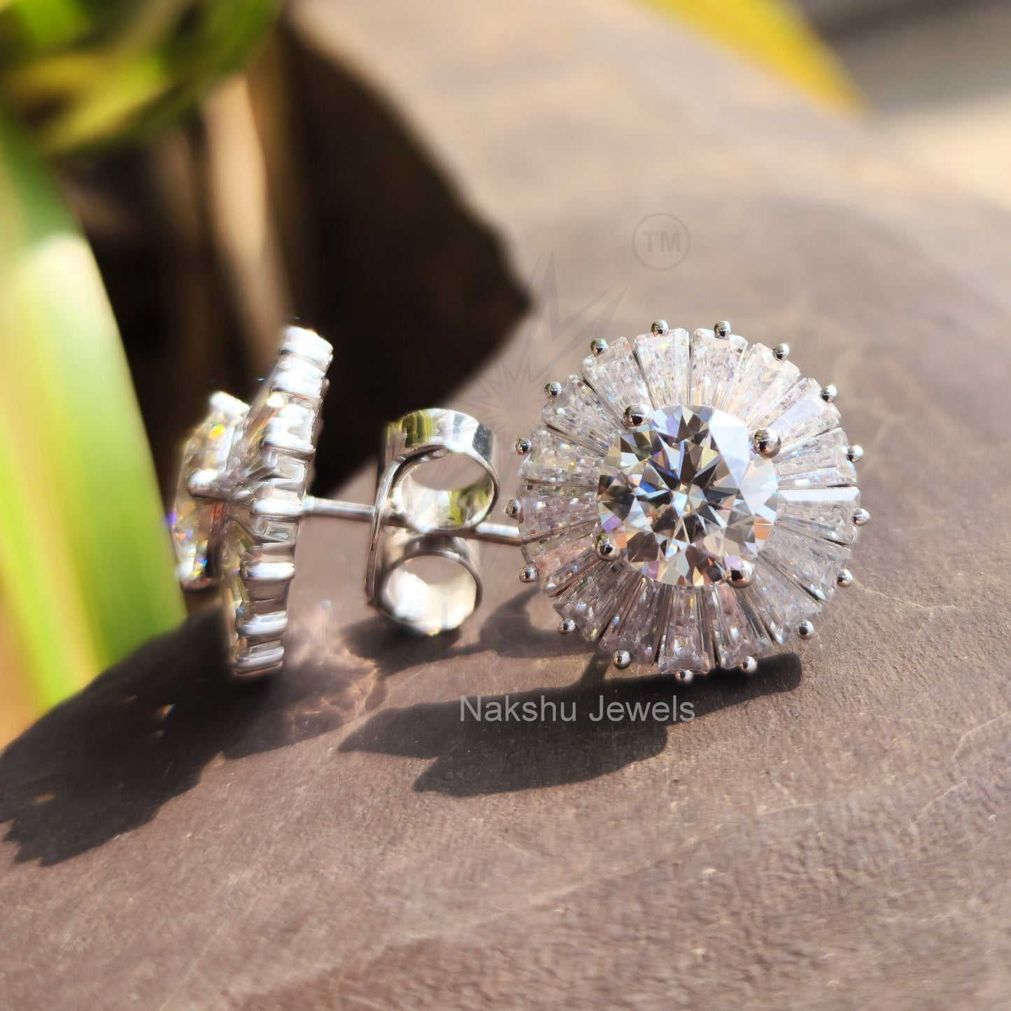Round Moissanite Tapered Baguette Halo Stud Earrings