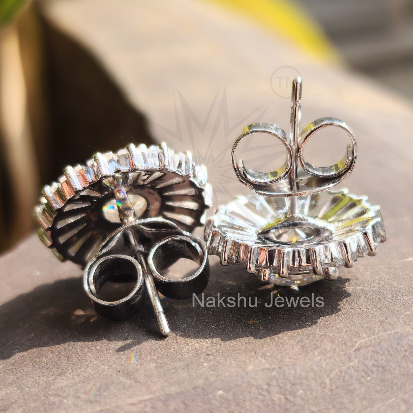 Round Moissanite Tapered Baguette Halo Stud Earrings