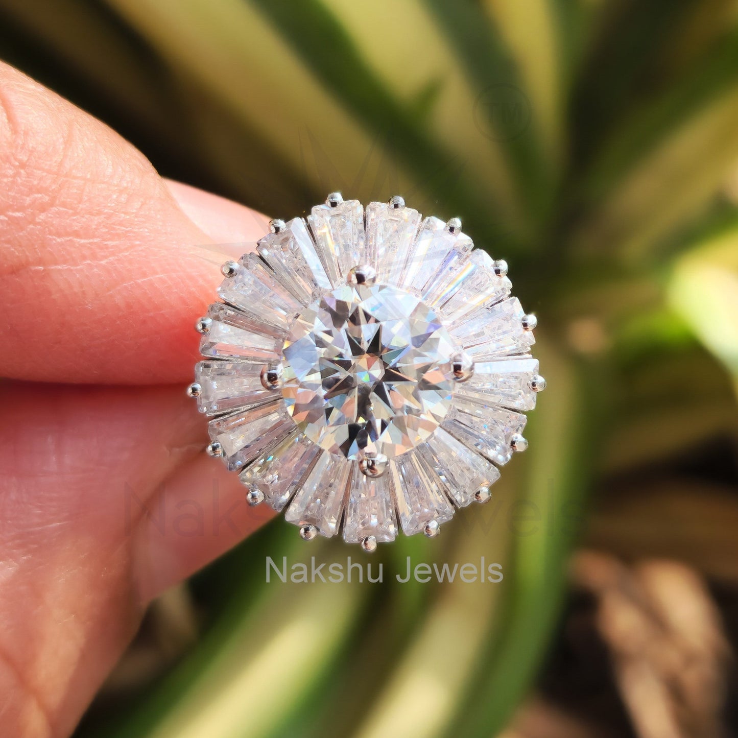 Round Moissanite Tapered Baguette Halo Stud Earrings