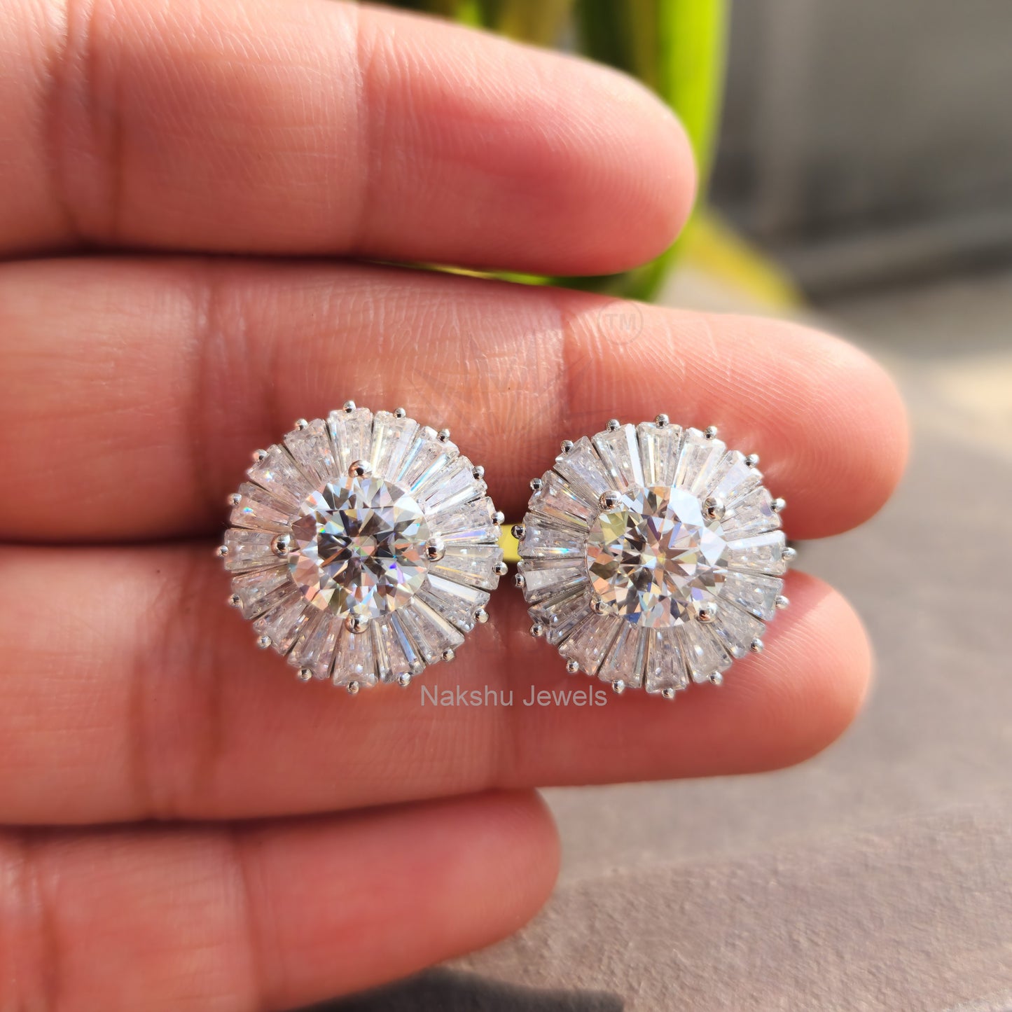 Round Moissanite Tapered Baguette Halo Stud Earrings