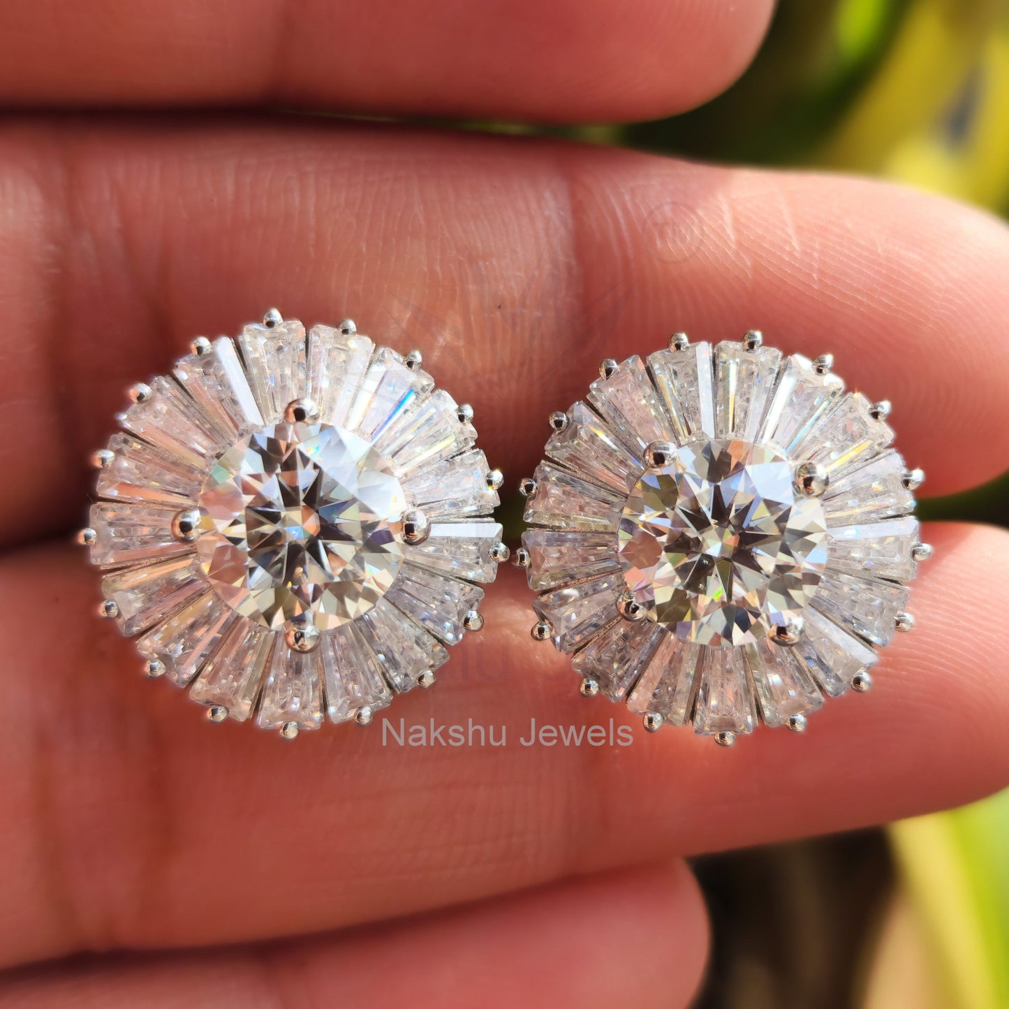 Round Moissanite Tapered Baguette Halo Stud Earrings